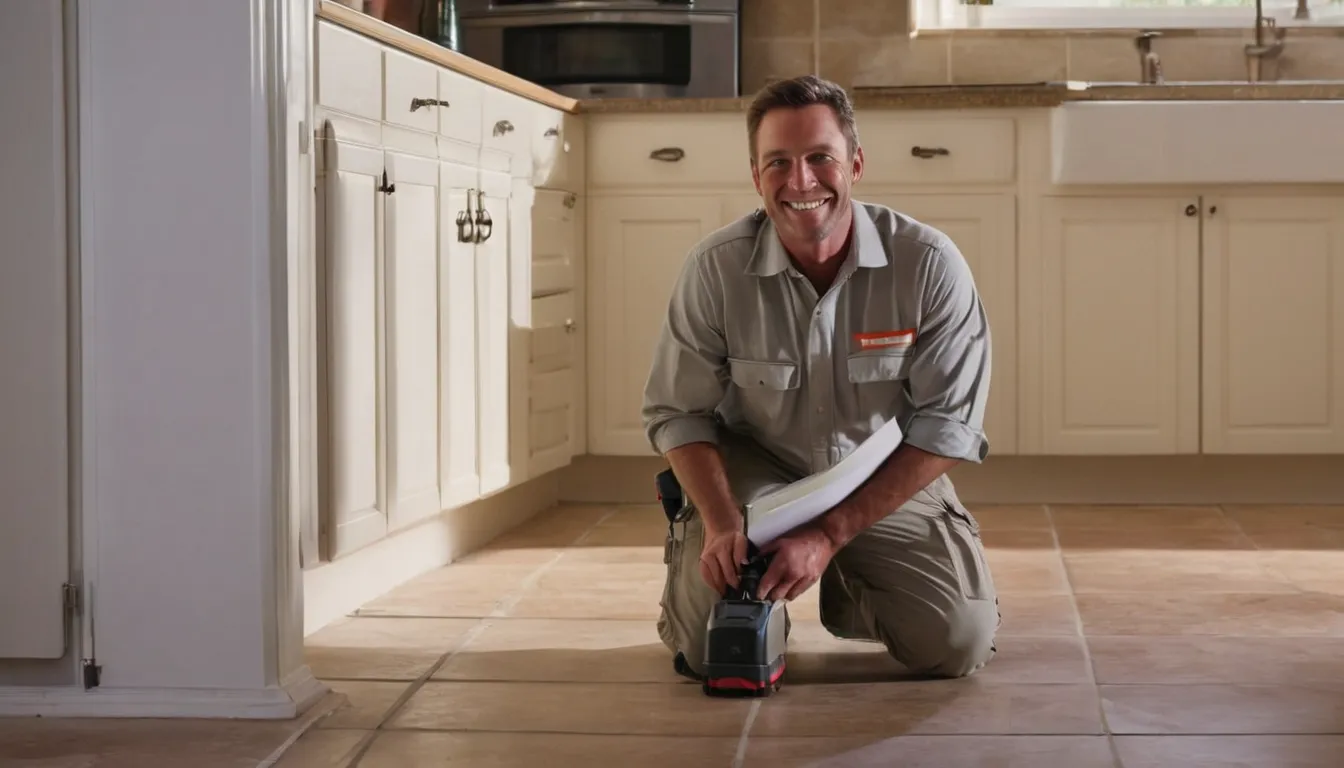 A friendly pest control provider inspecting a kitchen baseboard with a homeowner in a La Plata home